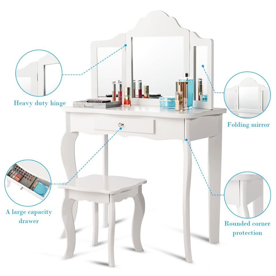 image 1 of COSTWAY Kids Vanity Makeup Table Set Princess Makeup White