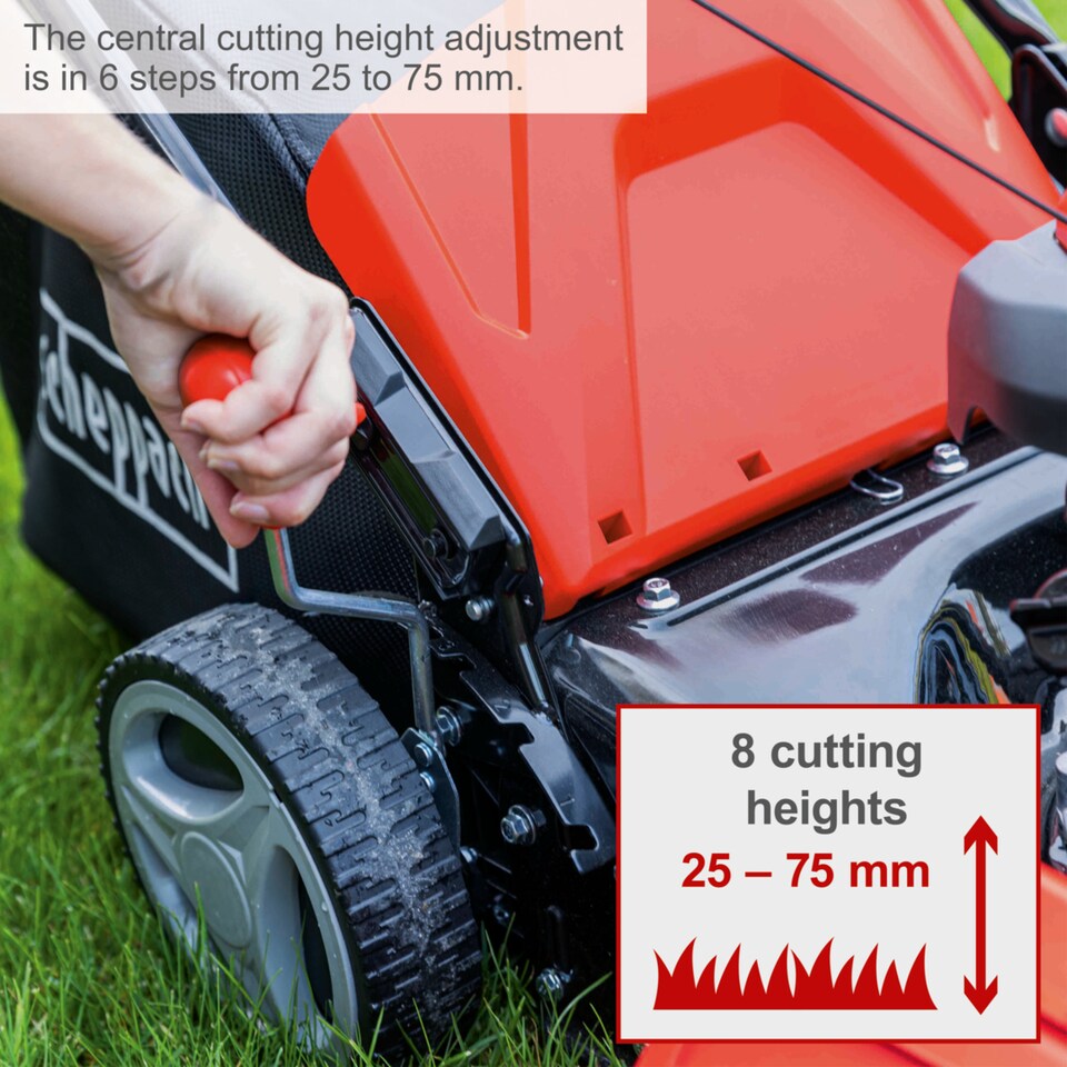 image 1 of Scheppach MS161-46 Self-Propelled Petrol Lawn Mower, 46cm, Mulching, Side Discharge, 55L Bag