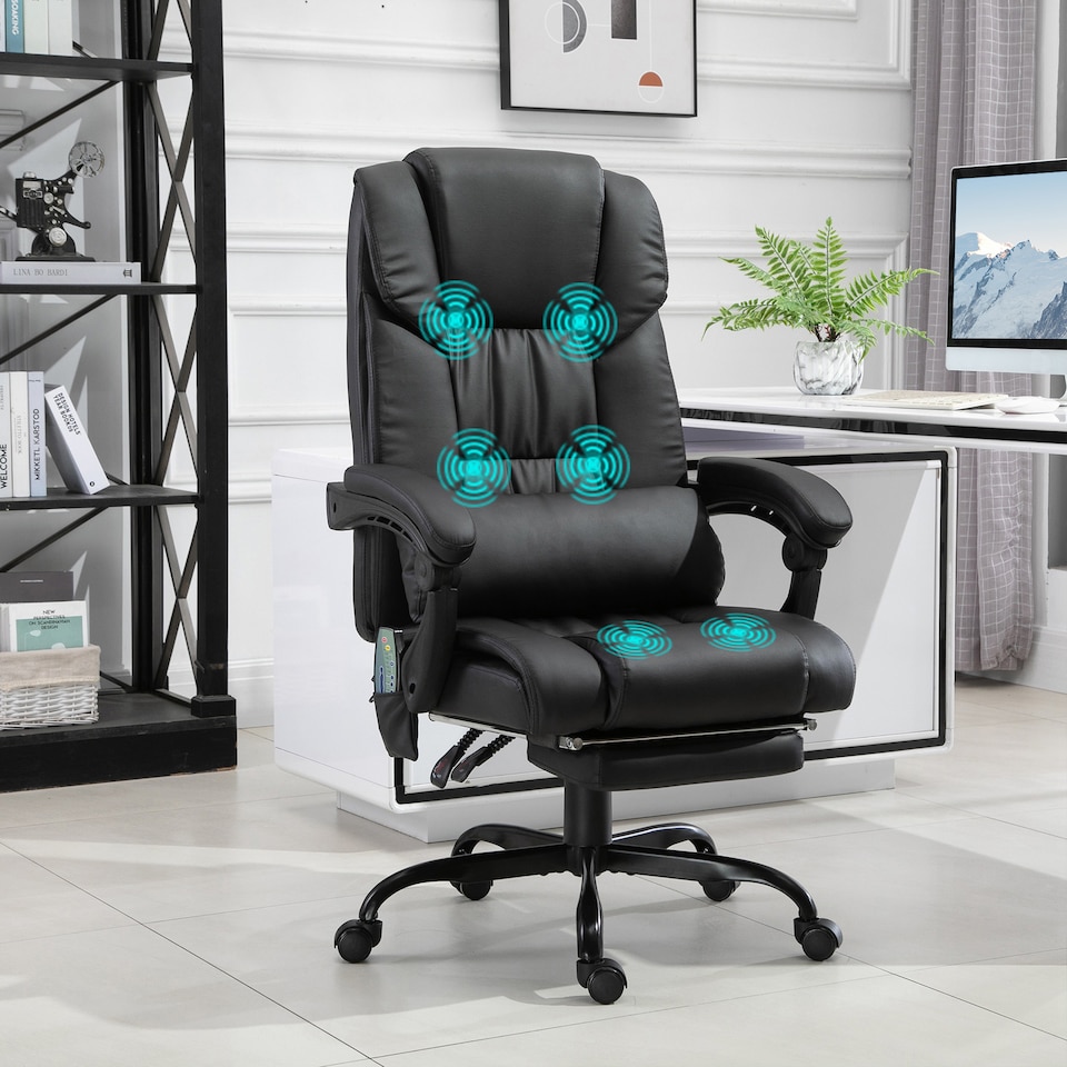 image 1 of Vinsetto 6-Point Massage Office Chair, PU Leather Desk Chair with Adjustable Height and Footrest for Home Office, Black