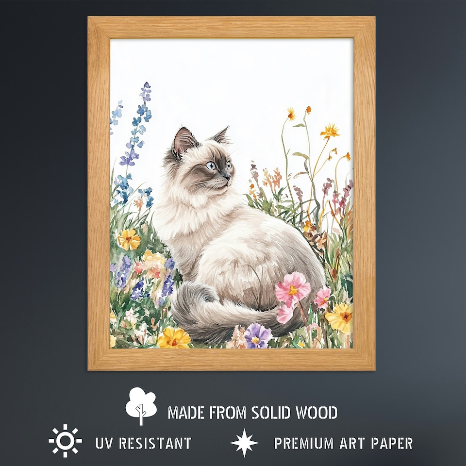image 1 of Ragdoll Cat Lover Pet Wildflower Floral Portrait Wood Framed Wall Art Print