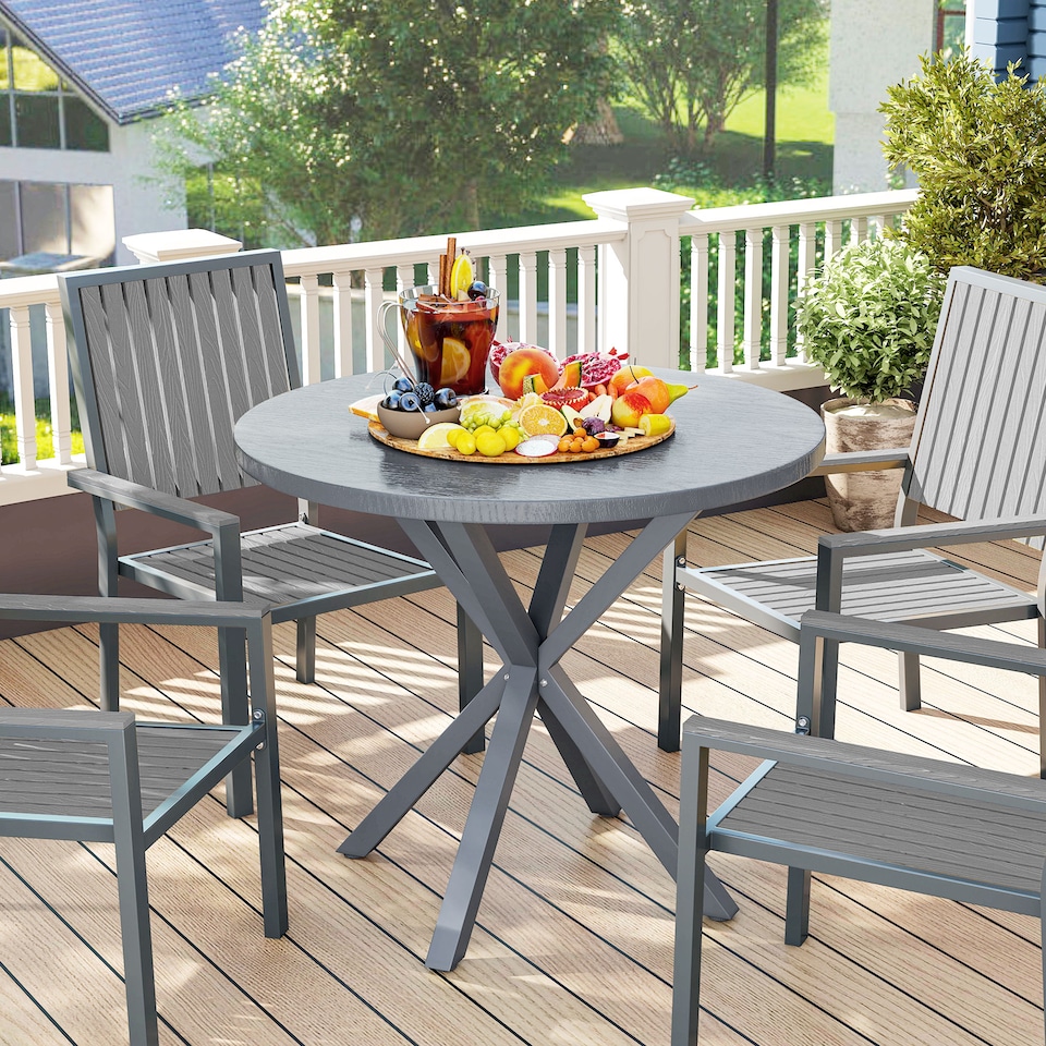 image 1 of Outsunny Garden Table, 85cm Round Outdoor Dining Table with Steel Frame, Wood Effect Top, for Balcony, Deck, Dark Grey | Grey