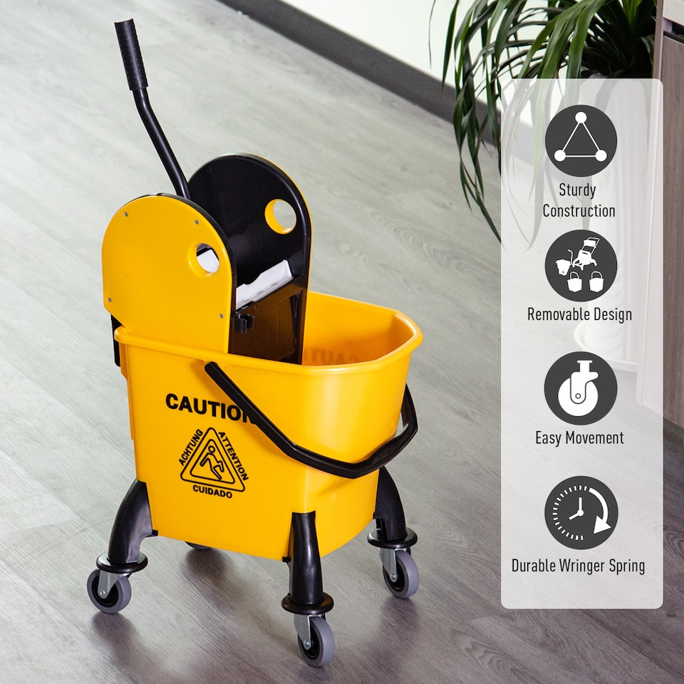 image 1 of HOMCOM 26L Mop Bucket with Wringer, Mop Bucket on Wheels with Carry Handle, Mop Holder, Plastic Body for Household, Yellow