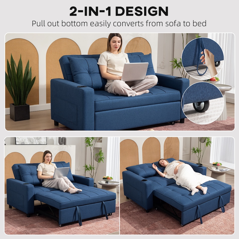 image 1 of HOMCOM 2 Seater Pull Out Sofa Bed with Pockets for Living Room, Dark Blue