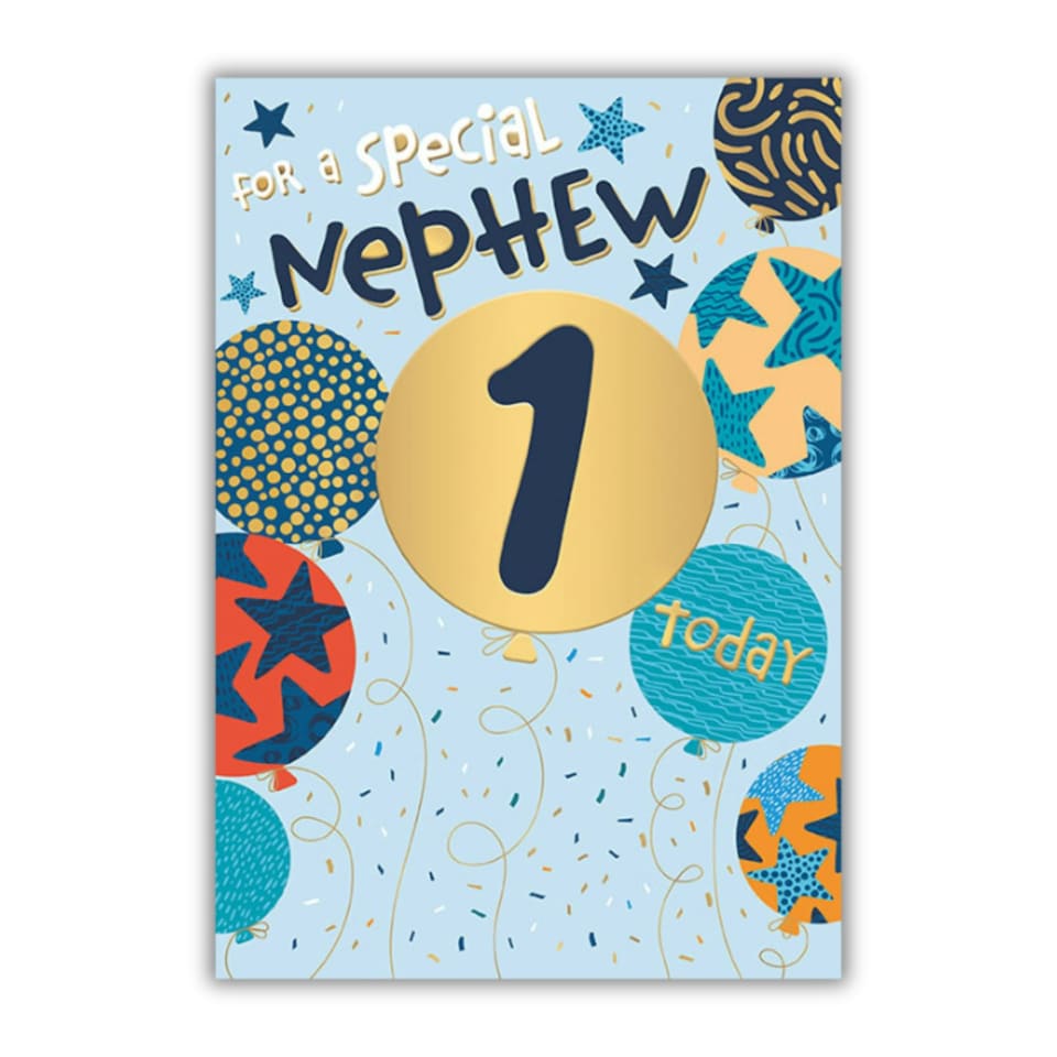 image 1 of Words 'n' Wishes 1st Birthday Card for Nephew, Patterned & Foiled Letters With Balloons, Multicoloured, 23.5 x 16.5 cms