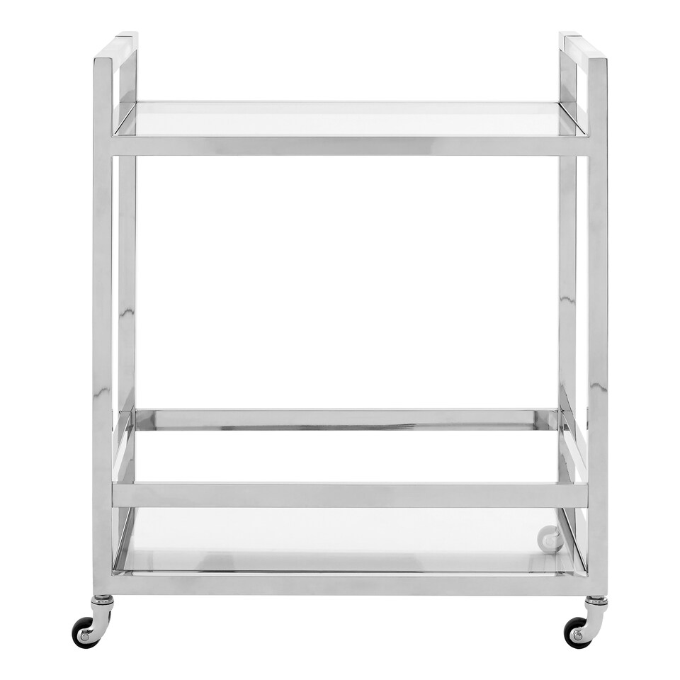 image 1 of Interiors by Premier Polished Stainless Steel 2 Tier Drinks Trolley, Clear Tempered Glass Kitchen Bar Cart, Modern Luxe Drinks Silver
