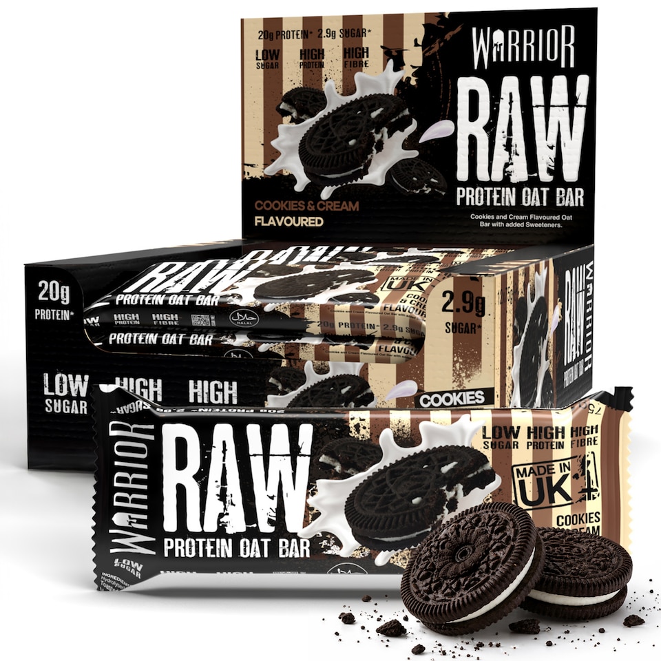 image 1 of Warrior RAW Protein Bars 12 x 75g – 20g High Protein Bar, Low Sugar High Fibre Oat Protein Flapjack – Protein Snacks, Meal Replacement Bars (Cookies & Cream)
