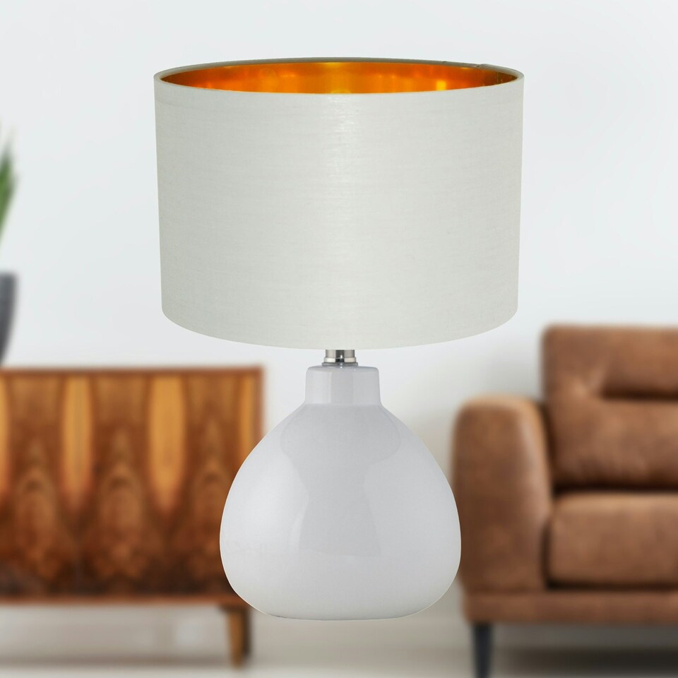image 1 of Set of 2 Tuscan - White Ceramic Lamps with Grey & Gold Shade White | Grey