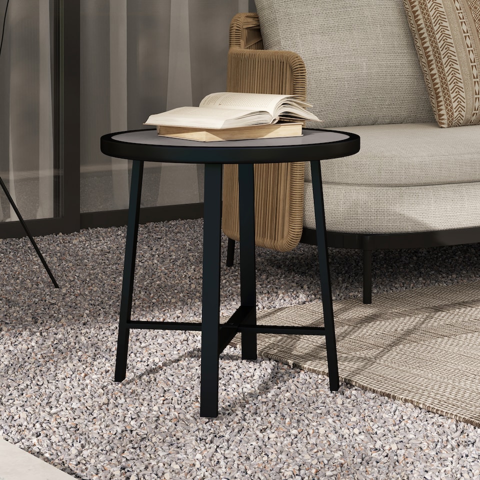 image 1 of Outsunny Round Small Garden Table, 50.5cm Outdoor Side Table with SPC Tabletop, Metal Frame and Anti-slip Foot Pads for Garden, Balcony, Grey Wood Effect | Grey | Grey