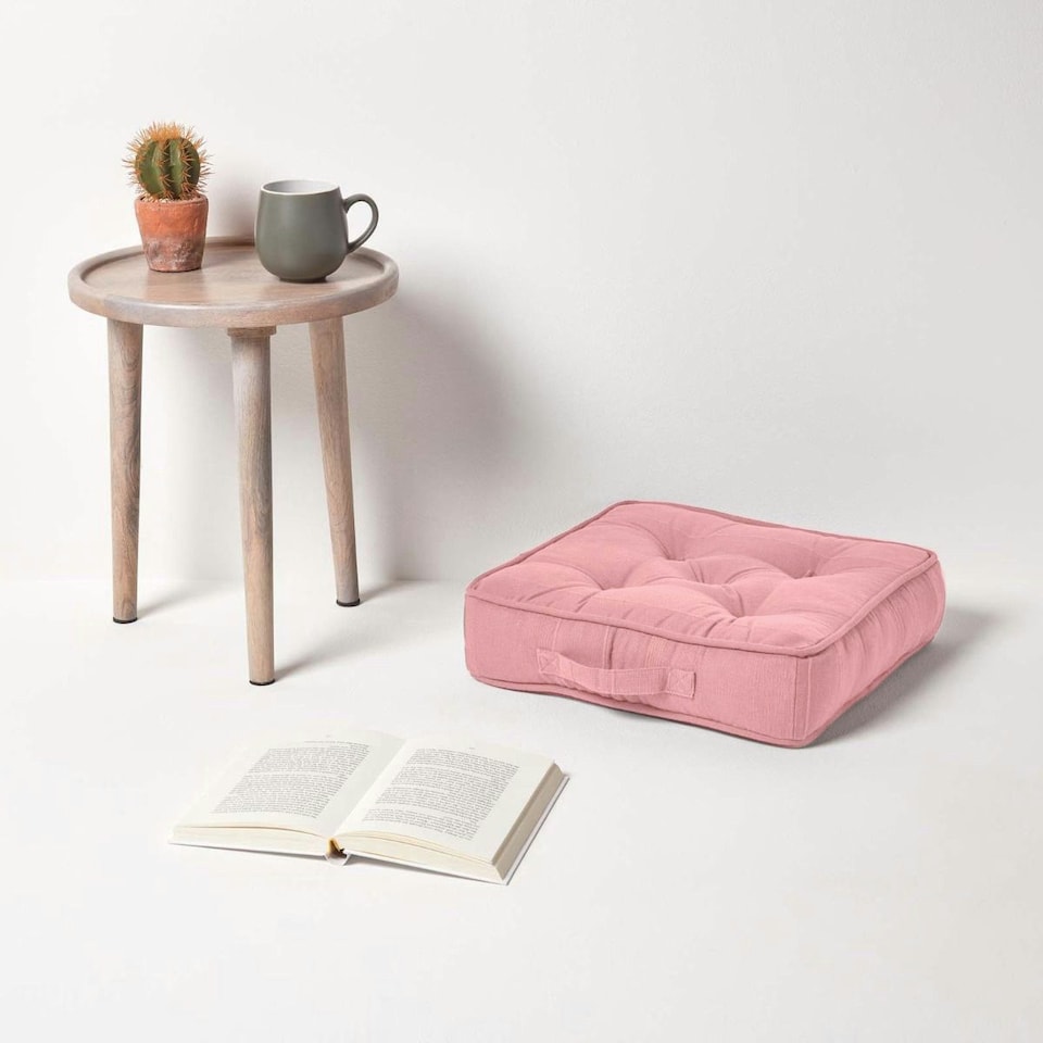 image 1 of Homescapes Rajput Ribbed Cotton Floor Cushion Pink Pink