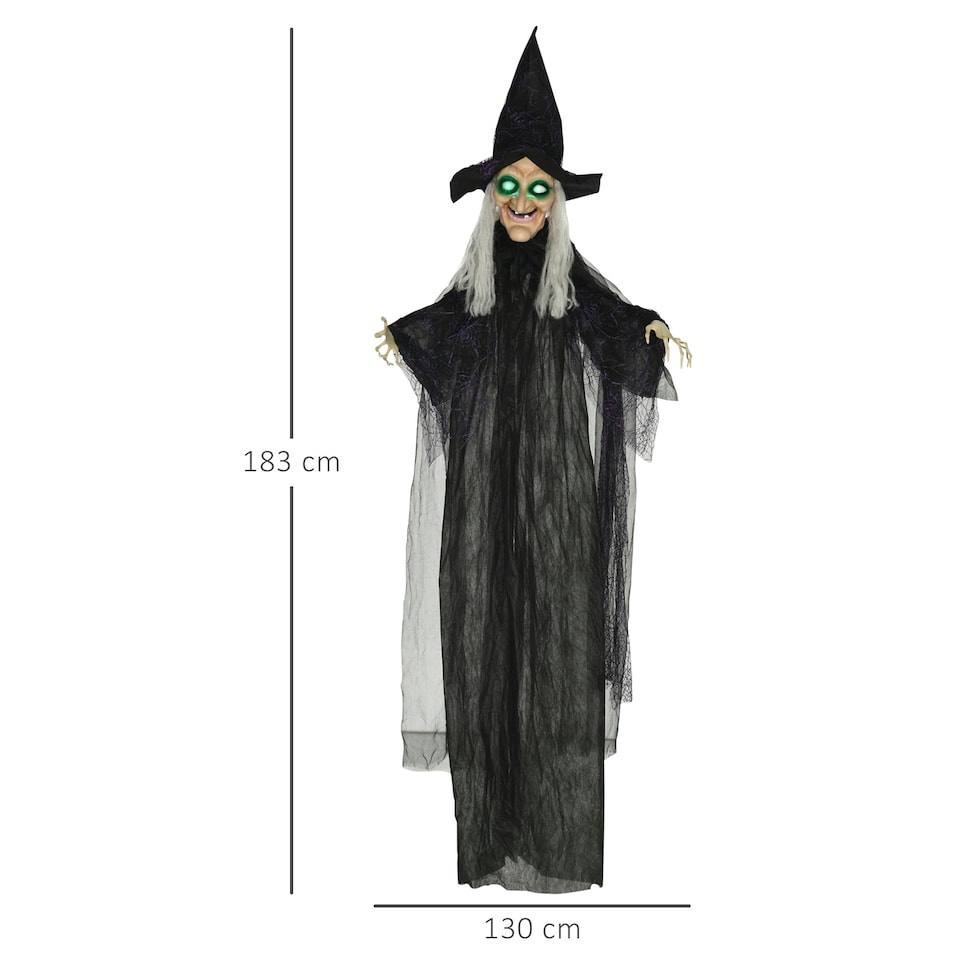 image 1 of HOMCOM Hanging Witch Prop Life Size with Light Up Eyes, Talking Sound