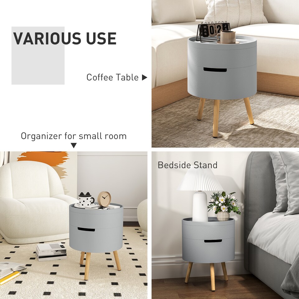 image 1 of HOMCOM 3-Tier Coffee Table, Round End Table with 2 Hidden Compartments and Detachable Tray, Side Table with Storage for Living Room, Grey | Grey