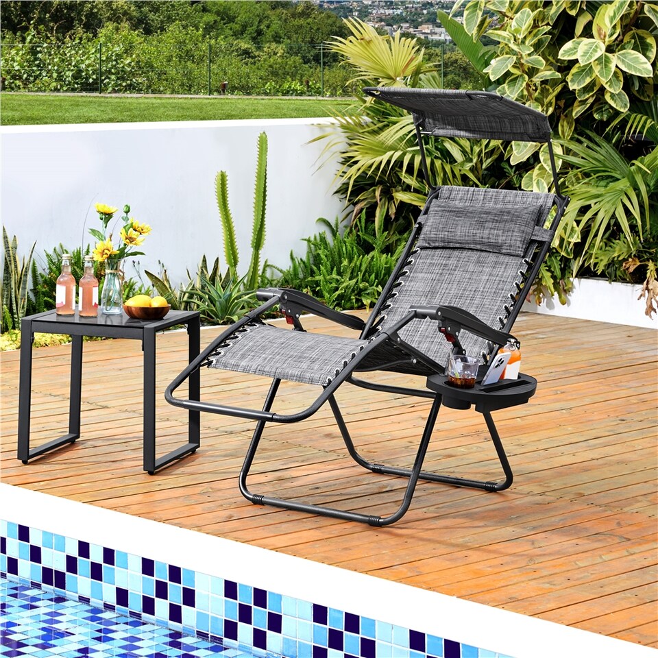 image 1 of Yaheetech Foldable Reclining Lounge Chair with Cupholder/Pillow-Grey | Grey | Grey | One Size