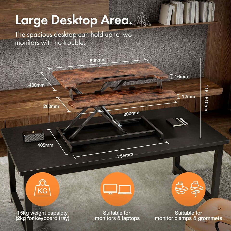 image 1 of VonHaus Height Adjustable Dark Wood Standing Desk Converter, 80cm length Brown