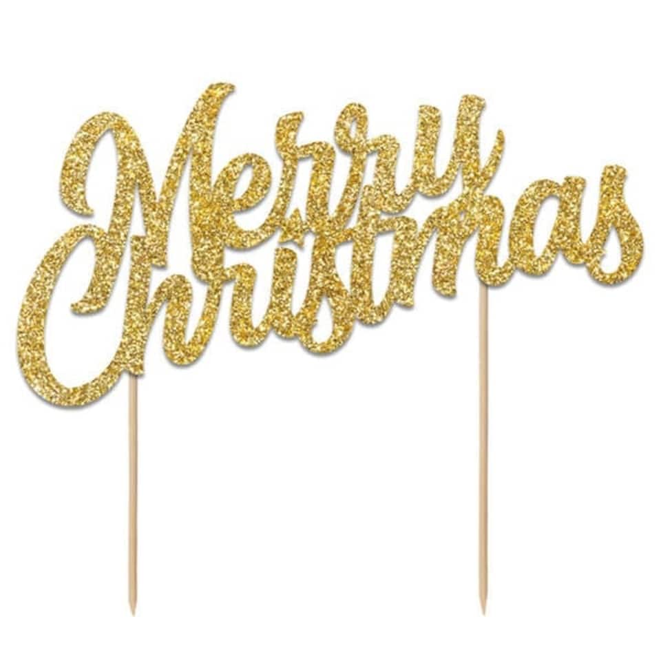 image 1 of Anniversary House Glitter Merry Christmas Cake Topper Gold