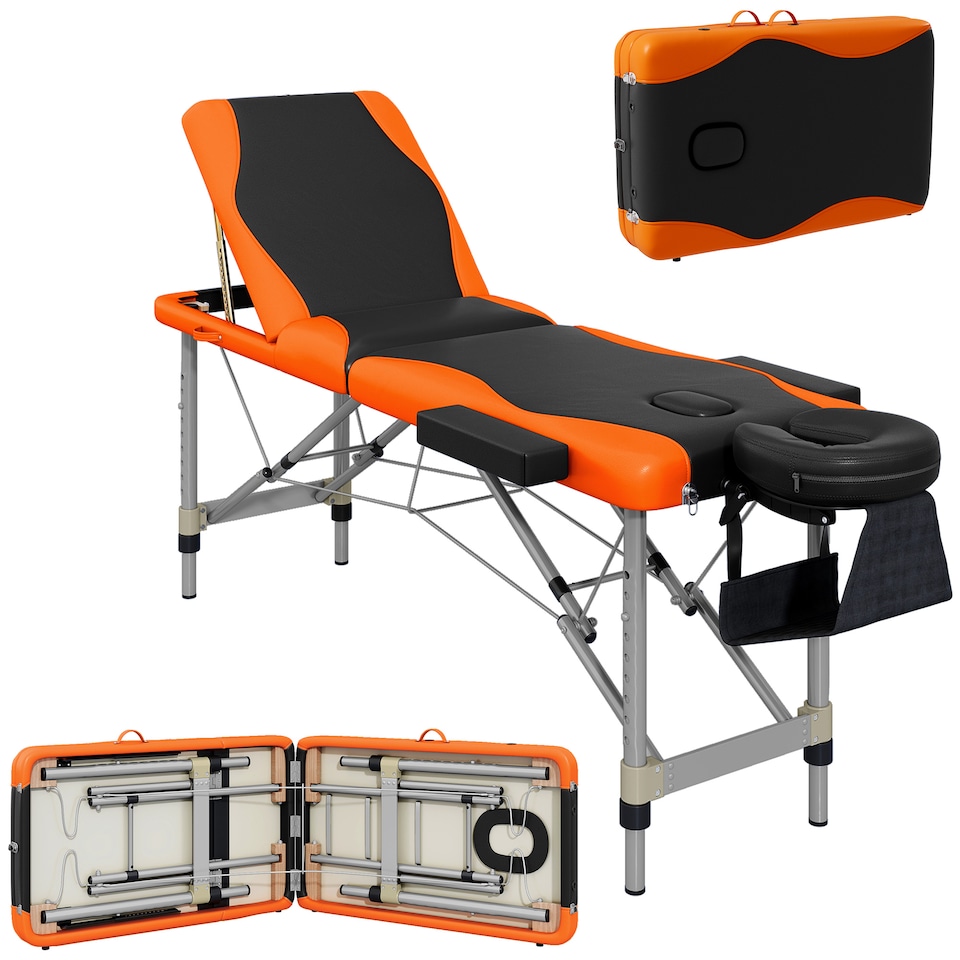 image 1 of HOMCOM Foldable Massage Bed Portable Table, 3-Section Aluminium Foldable Beauty Couch, Professional Salon Spa Table with Headrest Support and Carry Bag, 60 cm Width, Black and Orange