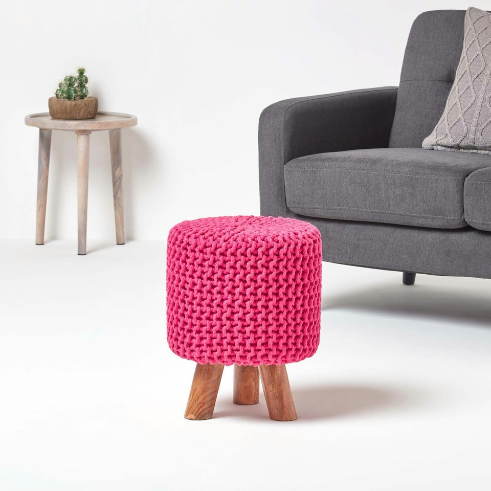 image 1 of Homescapes Hot Pink Tall Cotton Knitted Footstool on Legs