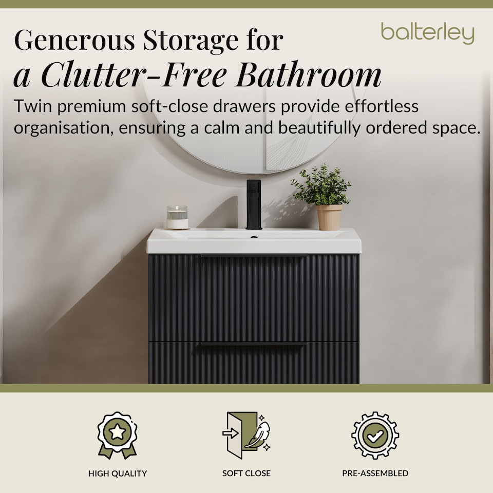 image 1 of Balterley Fluted Front Wall Hung 2-Drawer Bathroom Vanity Unit with 1 Tap Hole Basin, Handles | Grey | Soft Black