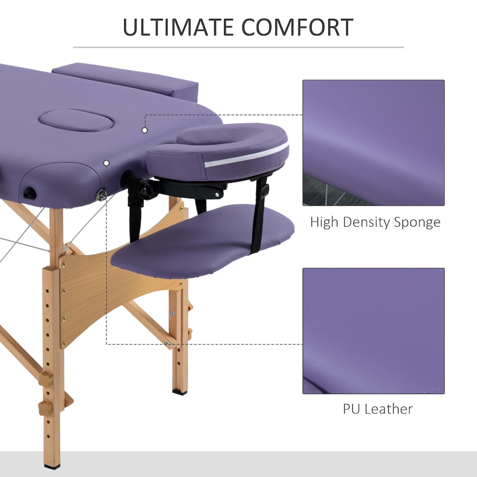 image 1 of HOMCOM Portable Massage Bed, Folding Spa Beauty Massage Table with 2 Sections, Carry Bag and Wooden Frame, Purple