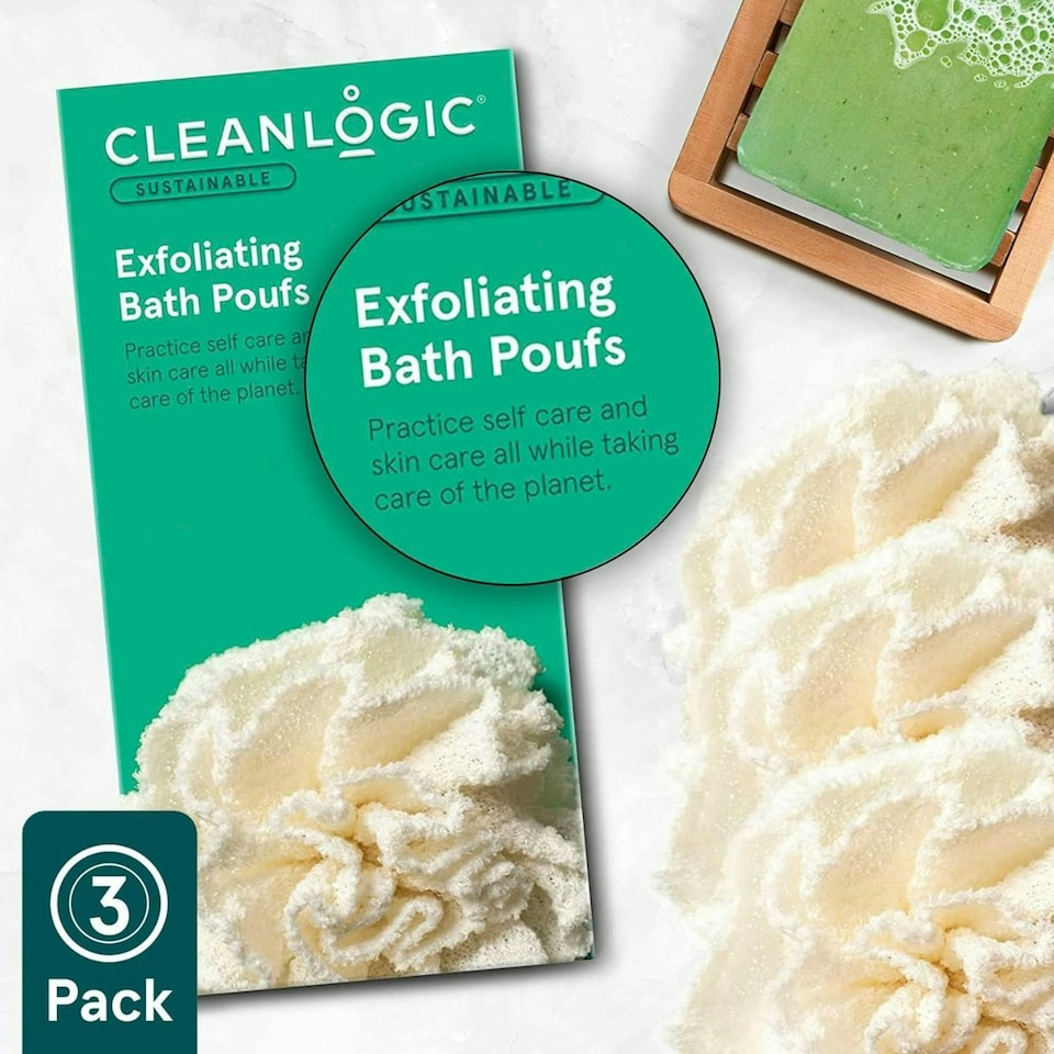 image 1 of Cleanlogic Sustainable Exfoliating Loofa Pouf Contains 3 Pairs