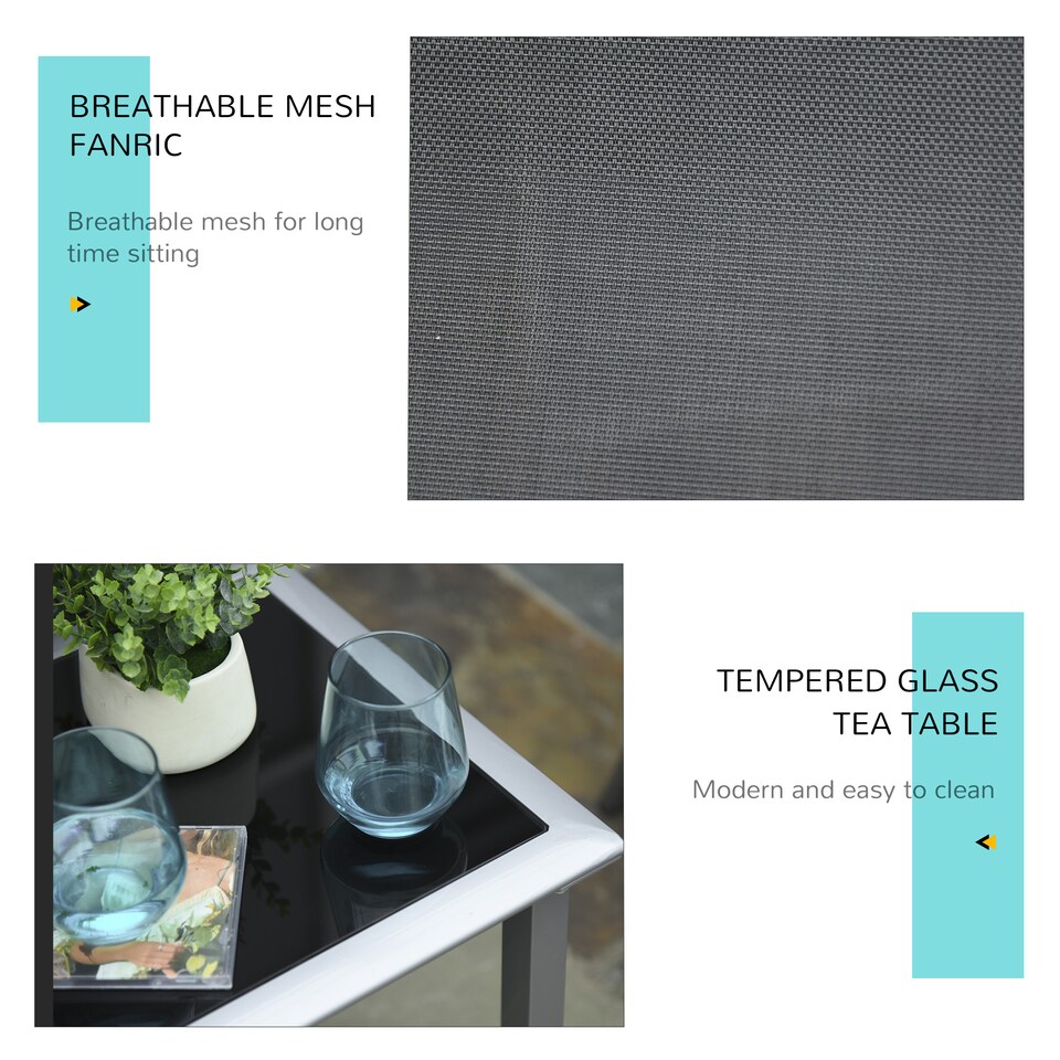 image 1 of Outsunny 3 Pieces Sun Lounger Chair Set, Metal Frame Outdoor Garden Recliner Chairs with Glass-Top Side Table and Armrests for Patio, Black