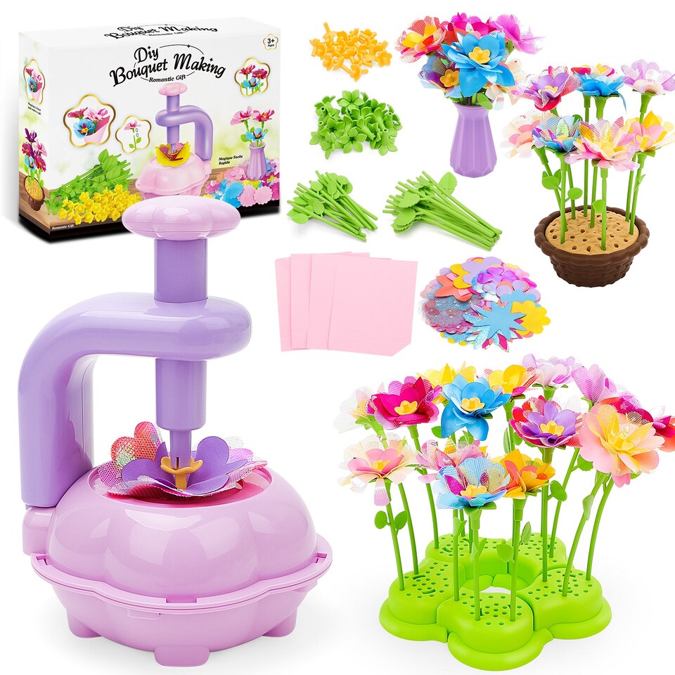 image 1 of DIY Flower Bouquet Craft Kit for Kids – Decorate with Press Machine, Colorful Petals, Basket & Vase
