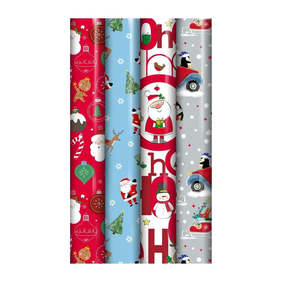 image 1 of Pack of 4 4m Cute Christmas Design No Shrink Gift Wrap Rolls Multi