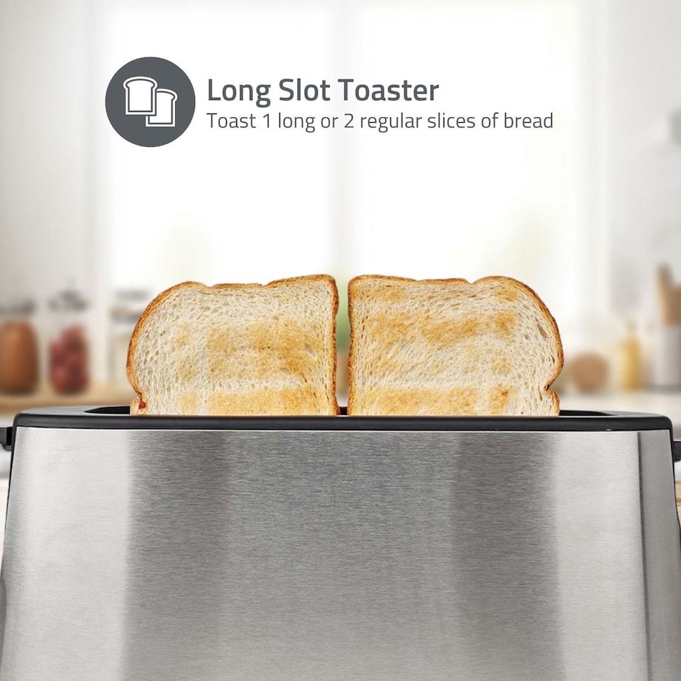 image 1 of Long Slot Toaster, Long Slice or 2 Slice Stainless Steel Toaster with Bun Warming Rack, 6 Browning Levels, Removeable Crumb Tray, Defrost and Reheat, 1000W