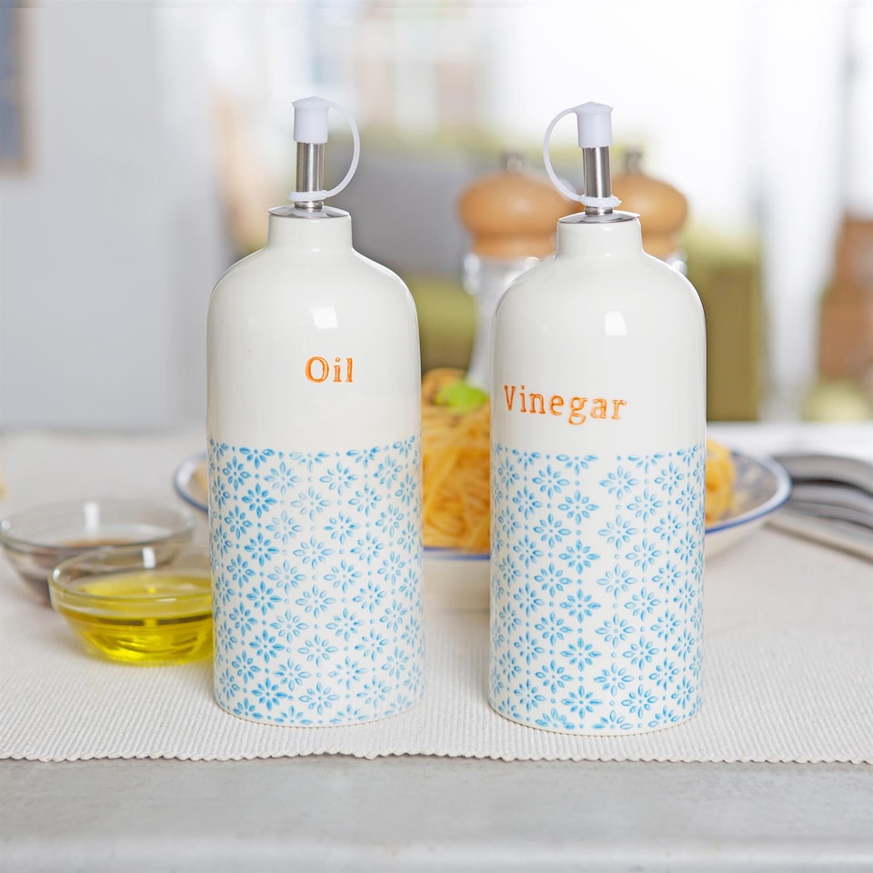 image 1 of Nicola Spring 2 Piece Hand-Printed Oil & Vinegar Pourer Bottles Set - 500ml - Blue