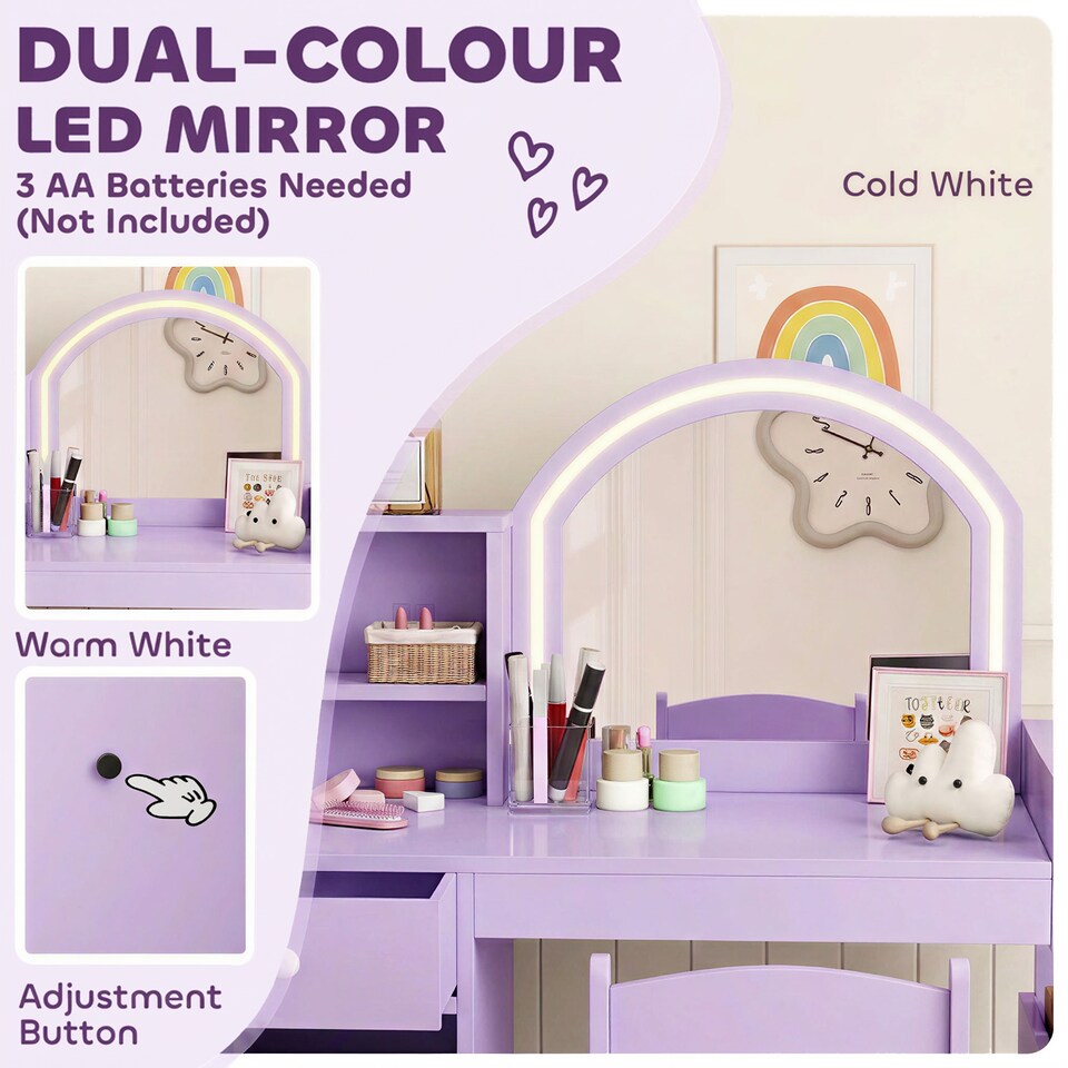 image 1 of AIYAPLAY Girls Dressing Table with 2-Colour LED Mirror and Stool, Purple