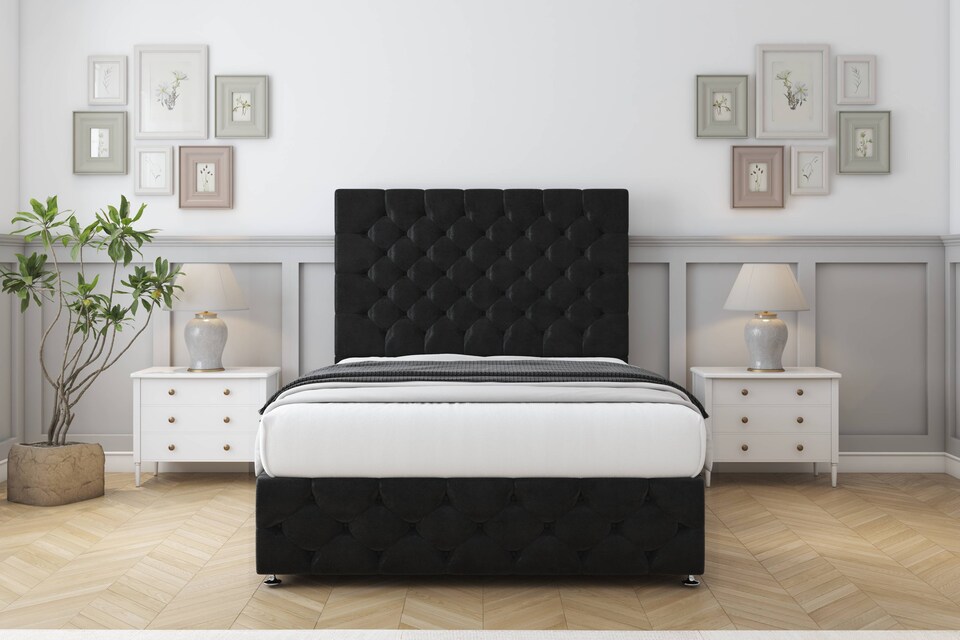image 1 of Sloomy Watson Black Plush Divan Bed Base 2 Drawers Foot-End With 54 Inch Floor Standing Headboard & 12 Inch Matching Footboard | Black | Black | Super King | 1