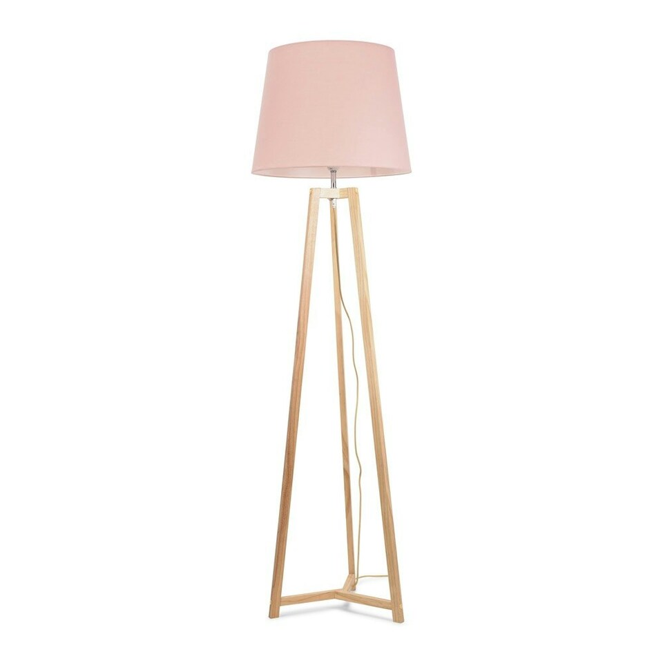 image 1 of ValueLights Lottie Natural Wood Tripod Floor Lamp with Pink Fabric Tapered Shade and LED Bulb