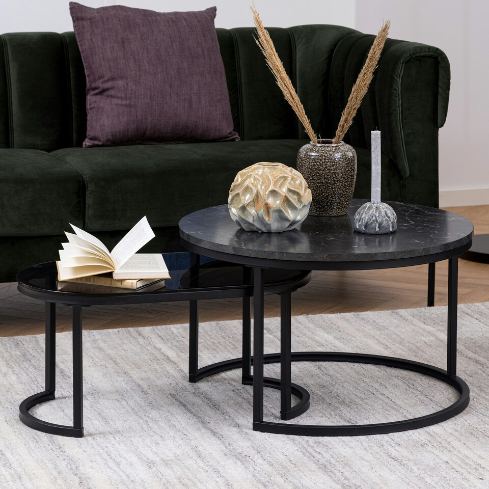 image 1 of Spiro Round/Oval Coffee Table Set with Black Marble/Smoked Melamine Glass Top