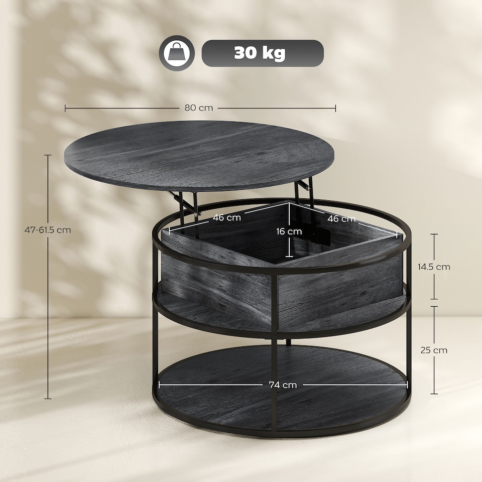 image 1 of HOMCOM Lift Top Coffee Table, Round Coffee Table with Storage Shelf, Hidden Compartment and Steel Frame for Living Room, Home Office, Charcoal Grey | Grey | Charcoal grey | 1