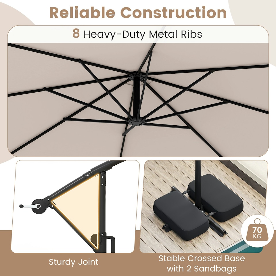 image 1 of COSTWAY 290 cm Solar Offset Hanging Sunshade Parasol Beige Cream