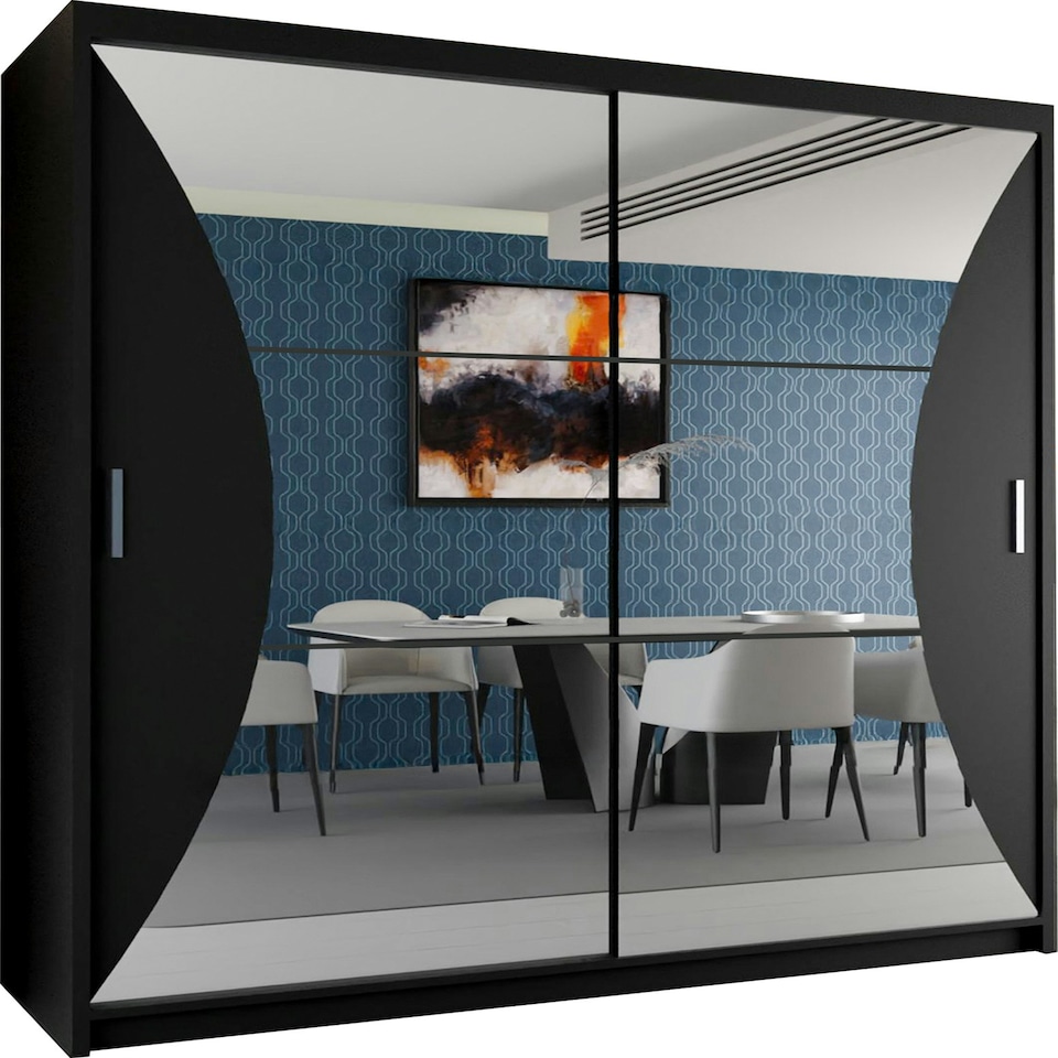 image 1 of Sleek Sliding Wardrobe 203cm with Curved Mirror Design | White, Black, Grey Finish Grey | Grey203cm