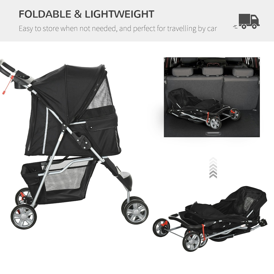 image 1 of PawHut Pet Stroller Pushchair Carrier for Cat Puppy with 3 Wheels Black