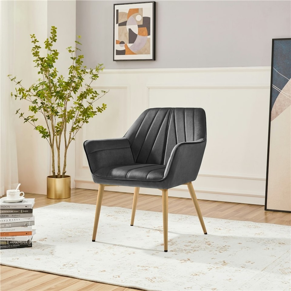 image 1 of Yaheetech Velvet Tufted Accent Chair with X-shaped Metal Legs Grey | Dark Gray