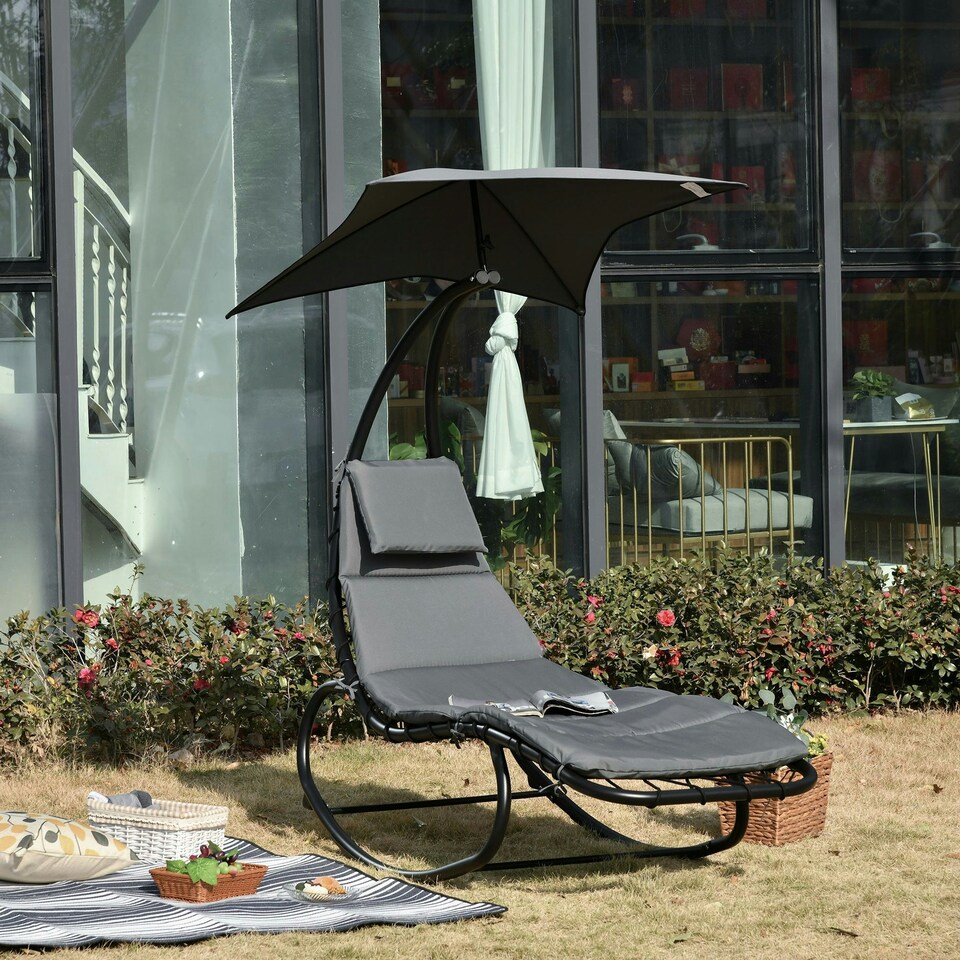 image 1 of Outsunny Patio Rocking Chaise Lounge Rocking Bed with Canopy Cushion