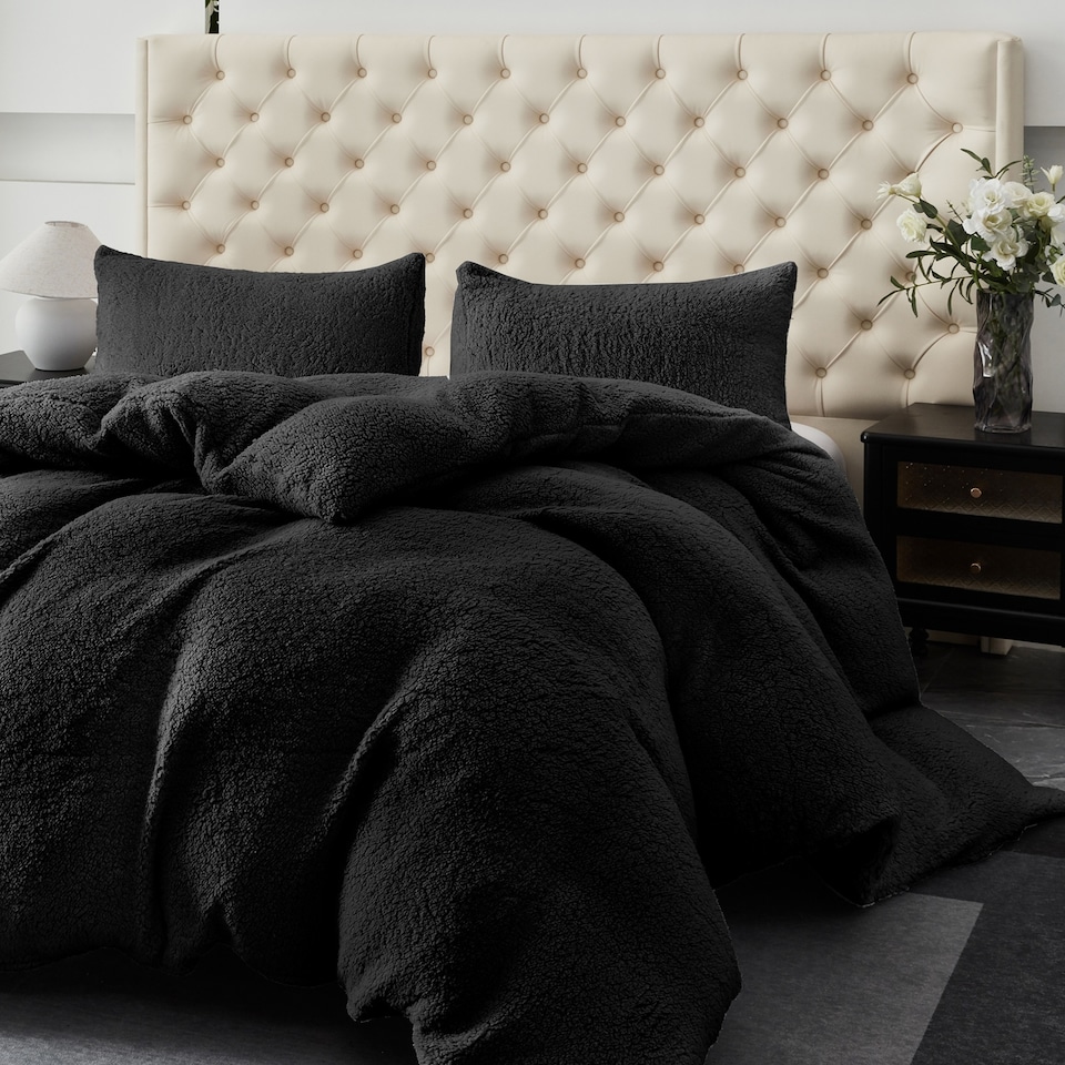 image 1 of Ezysleep Winter Soft Teddy Fleece Fabric Duvet Set Warm And Cosy Bedding | Black | Black