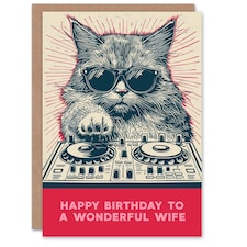 DJ Moggie Cat Retro Cool On Decks Fun Cat Wife Funny Birthday Card