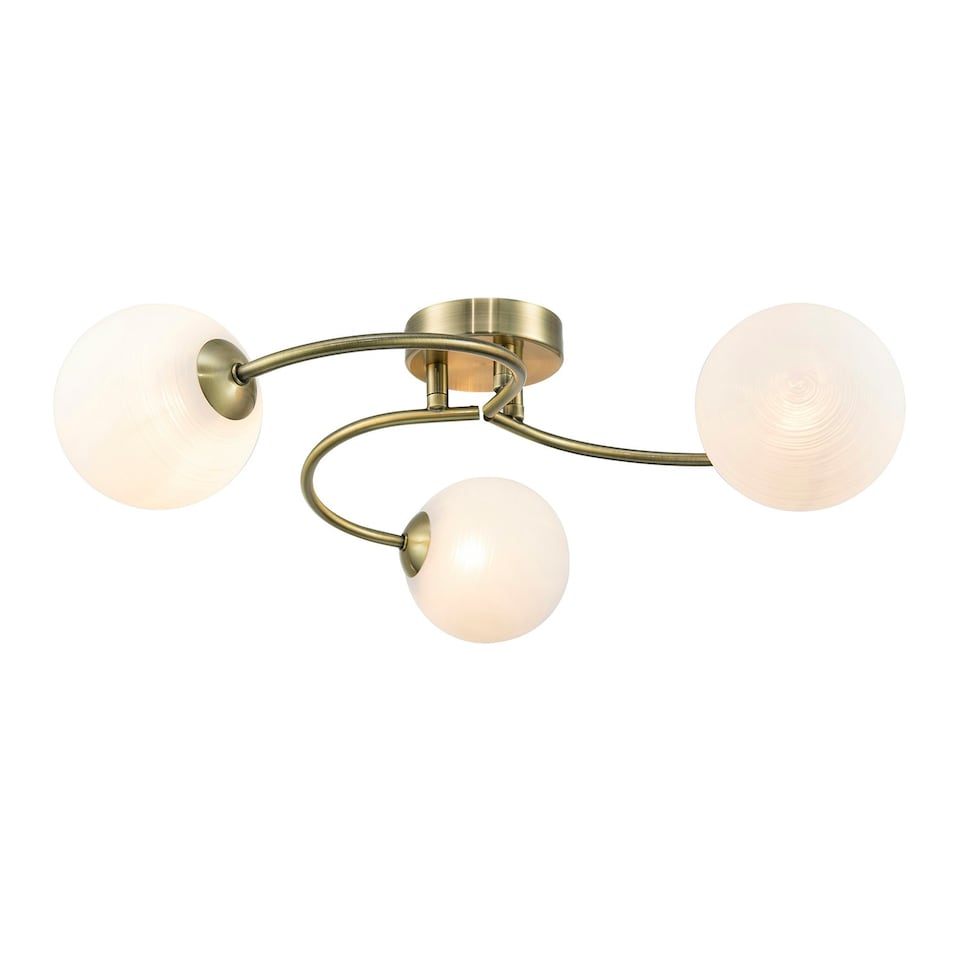 image 1 of Modern 3-Arm Antique Brass Ceiling Light with Opal Swirl Glass Spherical Shades