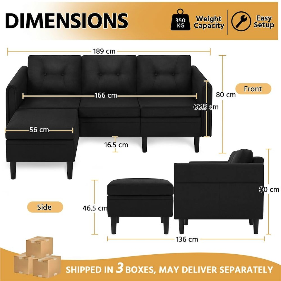 image 1 of Yaheetech 189 cm W 3-Seater Sofa with Ottoman | Black | Three Seater