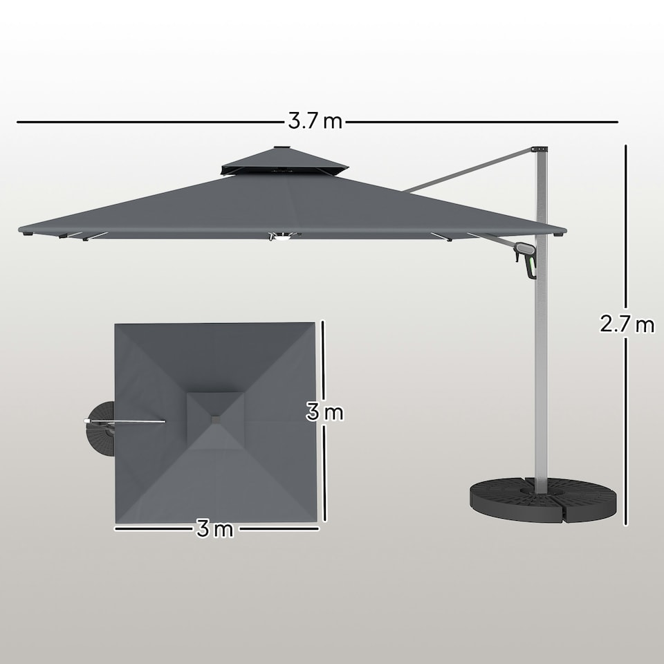 image 1 of Outsunny Garden Cantilever Parasol, Patio Umbrella w/ Solar LED Lights, Grey Grey | Grey