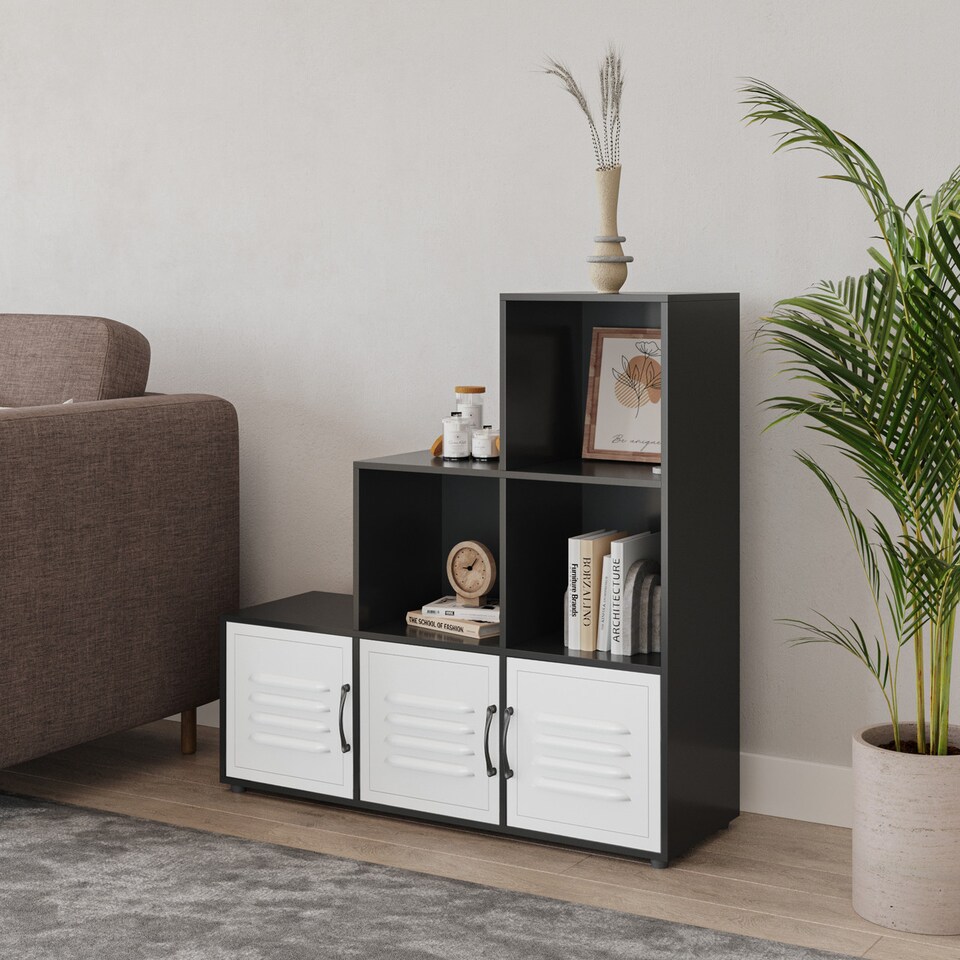 image 1 of 6-Cube Step Shelving Unit With Metal Doors | Black | Black & White | 1