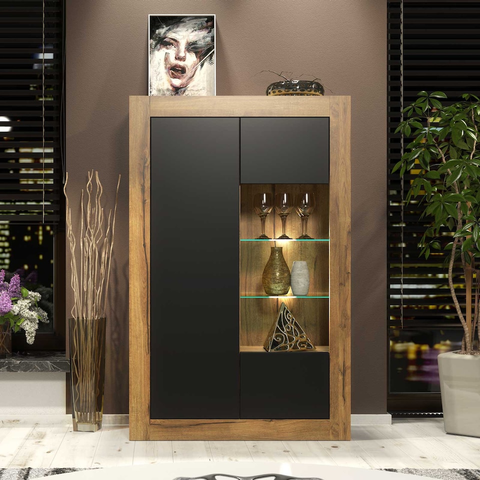 image 1 of Display Cabinet Sideboard Storage Unit Oak Matt Body Black Matt Doors Glass Shelves Modern Cupboard 140cm