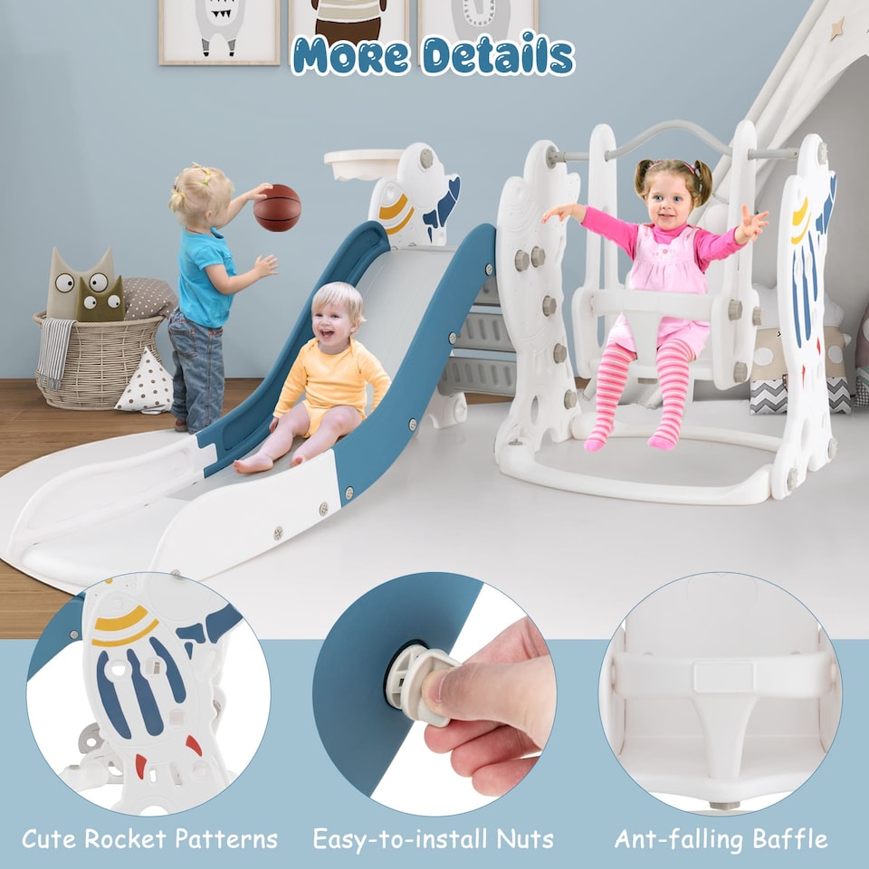 image 1 of COSTWAY Toddler Slide and Swing Set 4-in-1 Indoor Playground With Extended Slide
