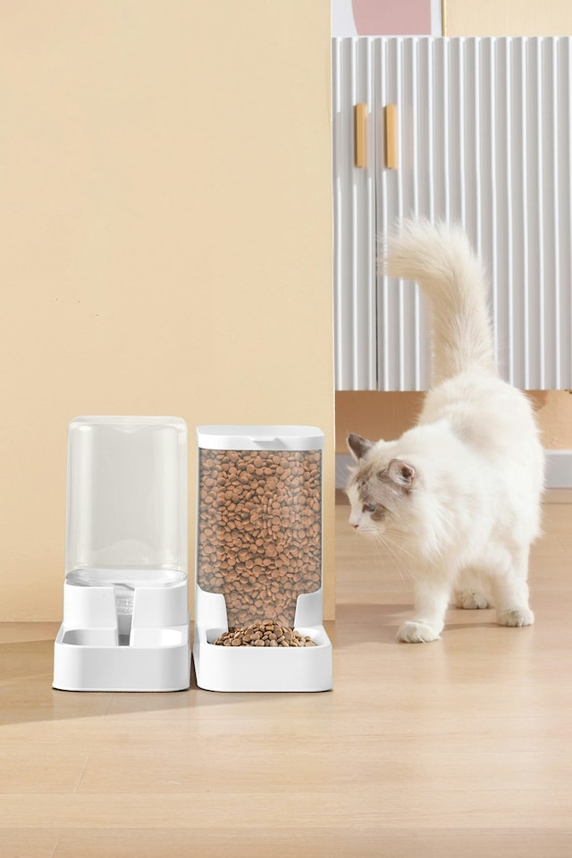 image 1 of Living and Home Pet Feeder & Water Dispenser Set - White | White