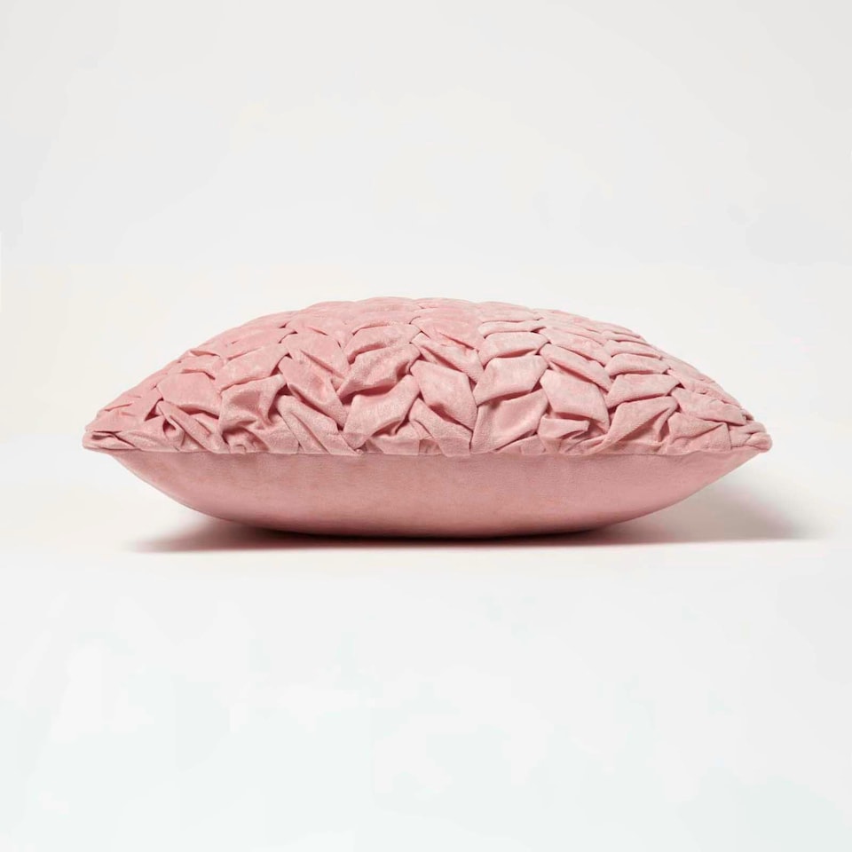 image 1 of Homescapes Grace Pleated Pink Velvet Cushion - 45 x 45 cm | Multi | 45 x 45 cm | 1