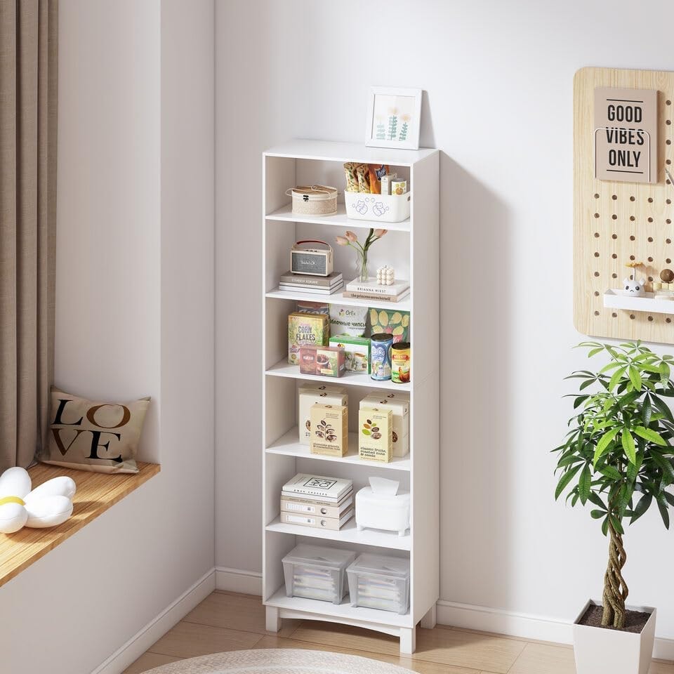 image 1 of Wide Shelf Tier Wooden Bookcase Shelving Modern Open Display Storage Cabinet | White | White 6 Tier | 1