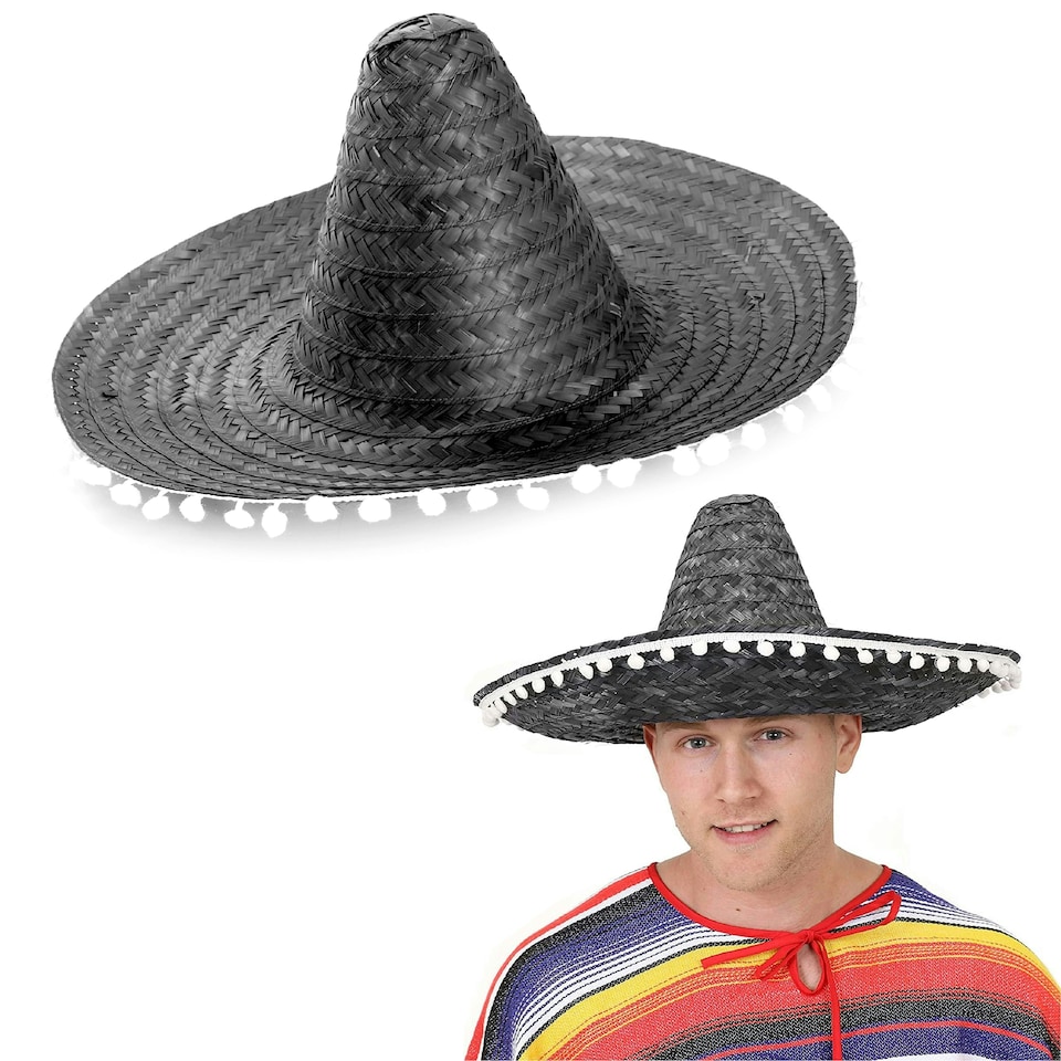 image 1 of Adult Black Pom-Pom Sombrero – Fancy Dress Mexican Hat | Black | 3